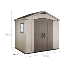 Casetta da Giardino Beige Nero Resistente Agli Agenti Atmosferici Presenza Finestre 257x182x243h cm, Tetto a due Falde - Vandalia
