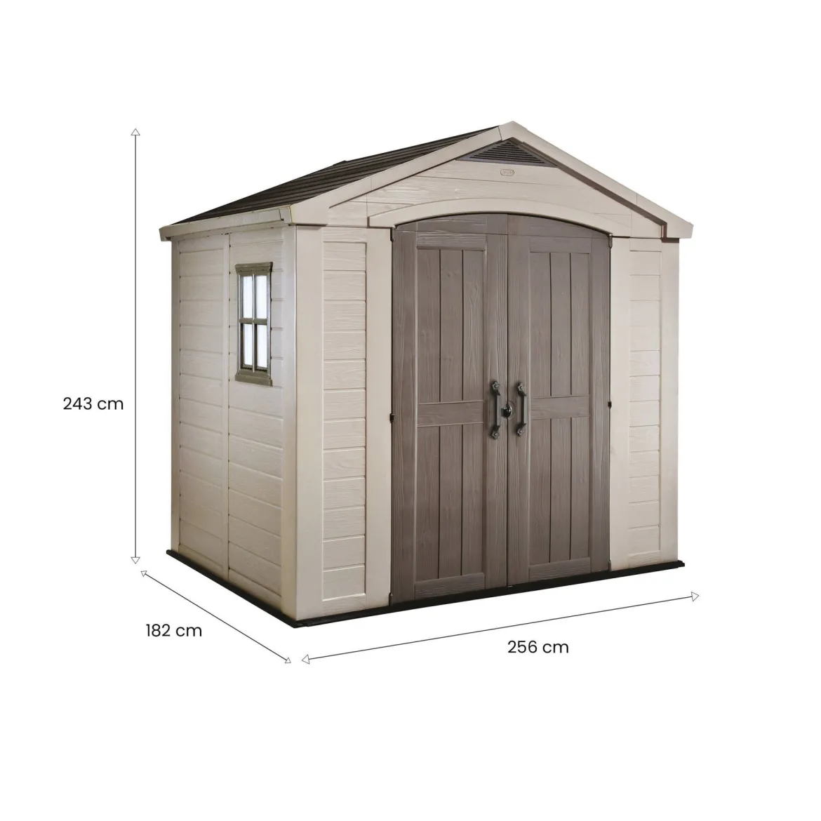 Casetta da Giardino Beige Nero Resistente Agli Agenti Atmosferici Presenza Finestre 257x182x243h cm, Tetto a due Falde - Vandalia
