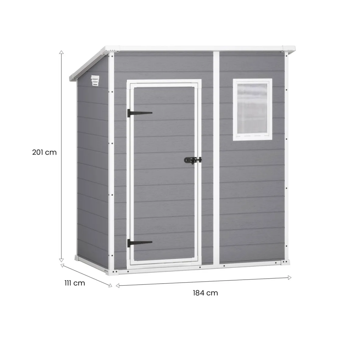 Casetta da Giardino Grigio Bianco Resistente Agli Agenti Atmosferici Presenza Finestre 184x111x201h cm, Tetto a due Falde - Tiffin