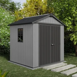 Casetta da Giardino Grigio Nero Lucchettabile, Finitura in Resina Presenza Finestre 230x224x246h cm, Tetto a due Falde - Oneonta