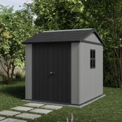 Casetta da Giardino Grigio Nero Lucchettabile, Finitura in Resina Presenza Finestre 230x224x246h cm, Tetto a due Falde - Oneonta