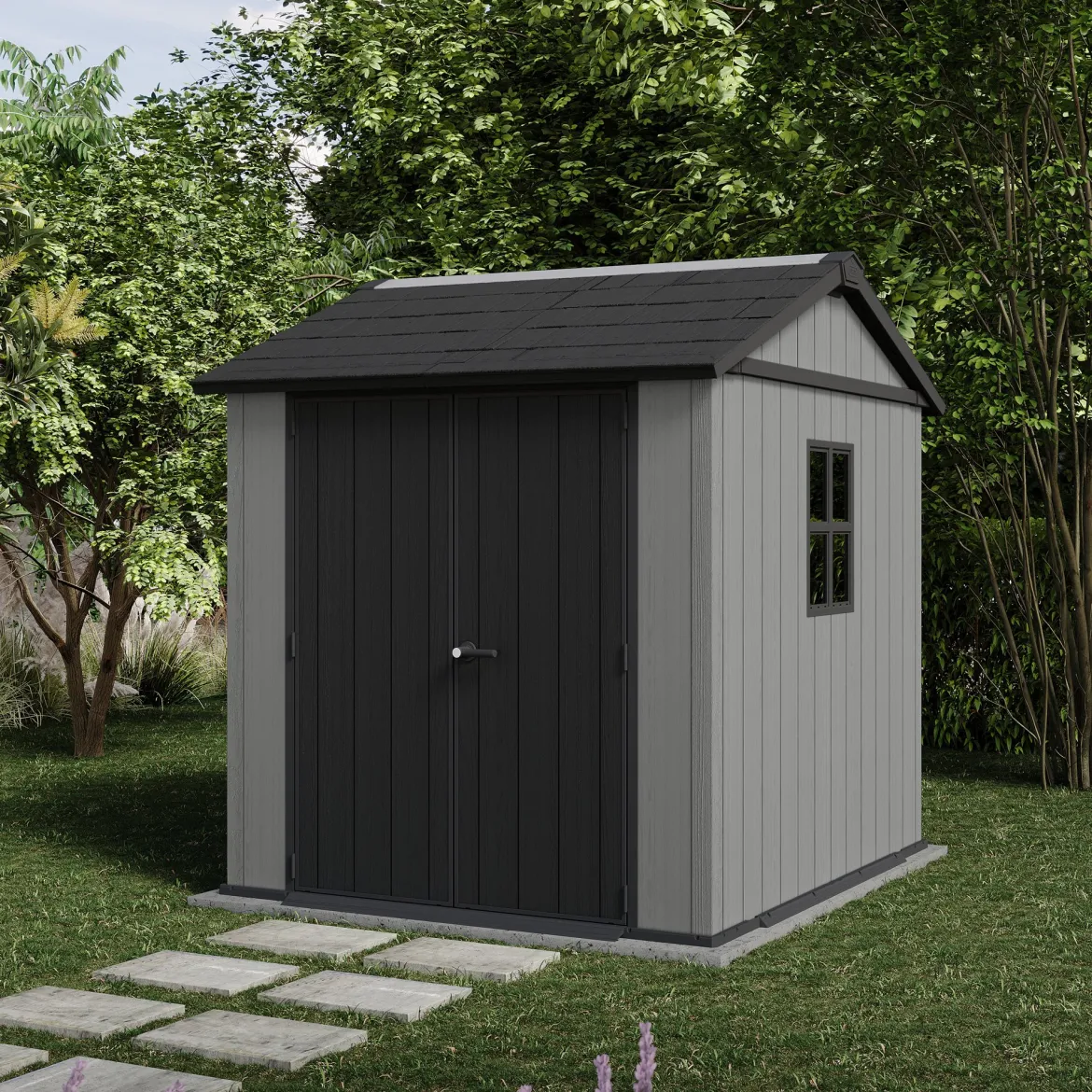 Casetta da Giardino Grigio Nero Lucchettabile, Finitura in Resina Presenza Finestre 230x224x246h cm, Tetto a due Falde - Oneonta