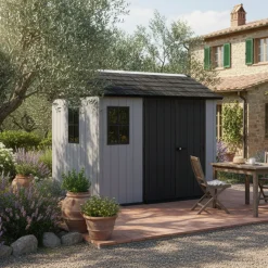 Casetta da Giardino Grigio Nero Lucchettabile, Finitura in Resina Presenza Finestre 230x287x246h cm, Tetto a due Falde - Perham