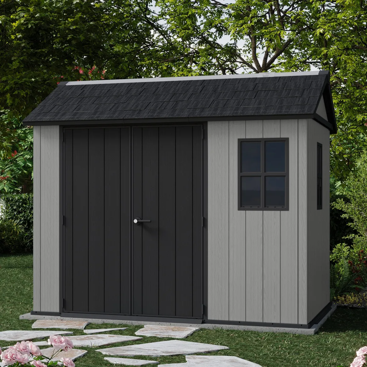 Casetta da Giardino Grigio Nero Lucchettabile, Finitura in Resina Presenza Finestre 230x287x246h cm, Tetto a due Falde - Perham