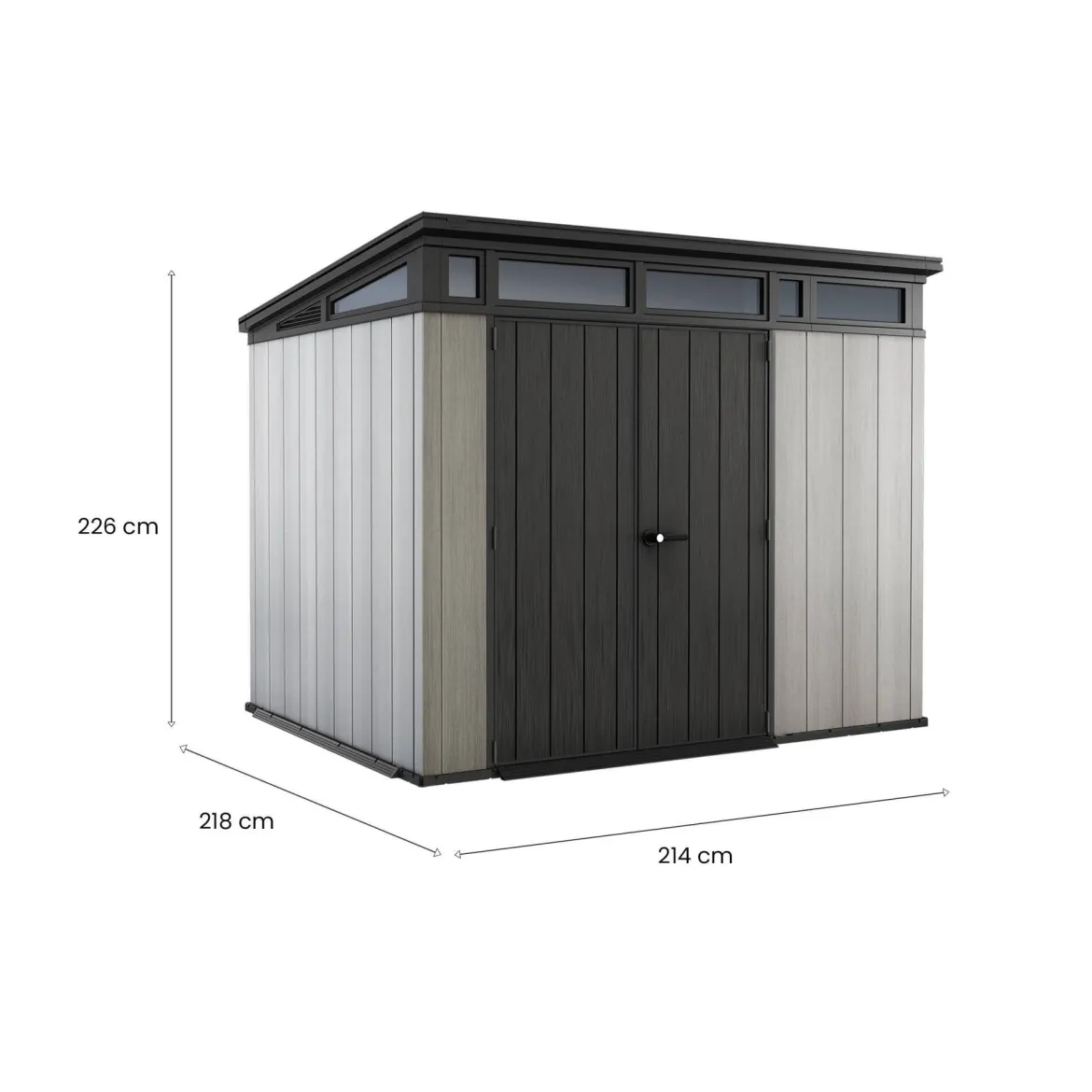 Casetta da Giardino Grigio Nero Resistente Agli Agenti Atmosferici Presenza Finestre 229x224x242h cm, Tetto a due Falde - Sunbury