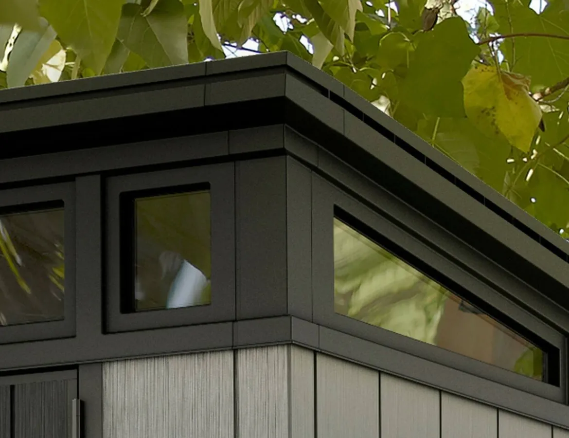 Casetta da Giardino Grigio Nero Resistente Agli Agenti Atmosferici Presenza Finestre 229x224x242h cm, Tetto a due Falde - Sunbury
