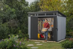 Casetta da Giardino Grigio Nero Resistente Agli Agenti Atmosferici Presenza Finestre 277x218x226h cm, Tetto a due Falde - Whitehall