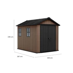 Casetta da Giardino Marrone Nero Resistente Agli Agenti Atmosferici Presenza Finestre 230x350x246h cm, Tetto a due Falde - Rockport