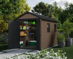 Casetta da Giardino Marrone Nero Resistente Agli Agenti Atmosferici Presenza Finestre 230x350x246h cm, Tetto a due Falde - Rockport