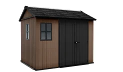 Casetta da Giardino Marrone Nero Resistente Agli Agenti Atmosferici Presenza Finestre 230x350x246h cm, Tetto a due Falde - Rockport
