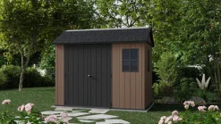 Casetta da Giardino Marrone Nero Resistente Agli Agenti Atmosferici Presenza Finestre 230x350x246h cm, Tetto a due Falde - Rockport
