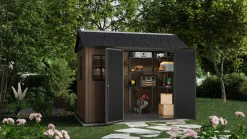 Casetta da Giardino Marrone Nero Resistente Agli Agenti Atmosferici Presenza Finestre 230x350x246h cm, Tetto a due Falde - Rockport