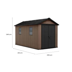 Casetta da Giardino Marrone Nero Resistente Agli Agenti Atmosferici Presenza Finestre 230x476x246h cm, Tetto a due Falde - Kincardine