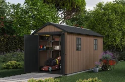 Casetta da Giardino Marrone Nero Resistente Agli Agenti Atmosferici Presenza Finestre 230x476x246h cm, Tetto a due Falde - Kincardine