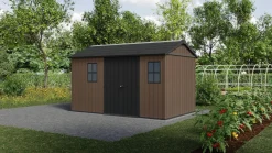 Casetta da Giardino Marrone Nero Resistente Agli Agenti Atmosferici Presenza Finestre 230x476x246h cm, Tetto a due Falde - Kincardine