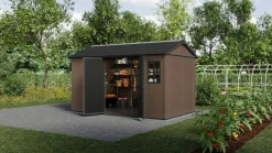 Casetta da Giardino Marrone Nero Resistente Agli Agenti Atmosferici Presenza Finestre 230x476x246h cm, Tetto a due Falde - Kincardine