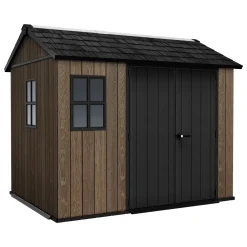 Casetta da Giardino Marrone Noce Nero Lucchettabile, Finitura in Resina Presenza Finestre 287x230x246h cm, Tetto a due Falde - Mayfield