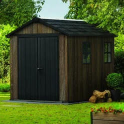 Casetta da Giardino Marrone Noce Nero Lucchettabile, Finitura in Resina Presenza Finestre 287x230x246h cm, Tetto a due Falde - Mayfield