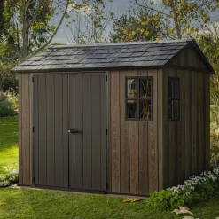 Casetta da Giardino Marrone Noce Nero Lucchettabile, Finitura in Resina Presenza Finestre 287x230x246h cm, Tetto a due Falde - Mayfield
