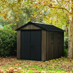 Casetta da Giardino Marrone Noce Nero Lucchettabile, Finitura in Resina Presenza Finestre 350x230x246h cm, Tetto a due Falde - Mcalester