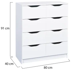 Cassettiera Bianco 8 Cassetti Apertura Scorrevole 80x40x91h cm, Chiusura Scorrevole - Ponzone