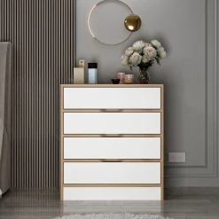 Cassettiera Bianco Marrone Noce 4 Cassetti Apertura Scorrevole 70x40x80h cm, Chiusura Scorrevole - Lallio