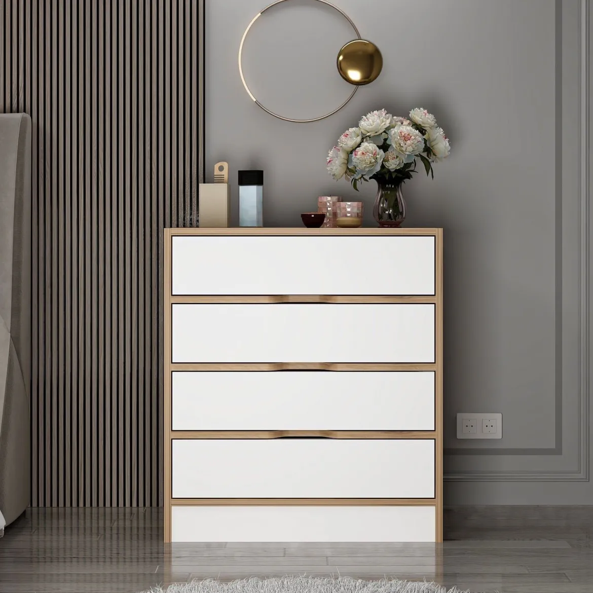 Cassettiera Bianco Marrone Noce 4 Cassetti Apertura Scorrevole 70x40x80h cm, Chiusura Scorrevole - Lallio