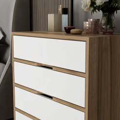Cassettiera Bianco Marrone Noce 4 Cassetti Apertura Scorrevole 70x40x80h cm, Chiusura Scorrevole - Lallio