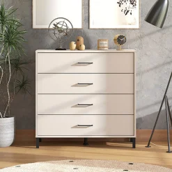 Cassettiera Bianco Panna Nero 4 Cassetti Apertura Scorrevole 93x40x90h cm, Chiusura Scorrevole - Vidor