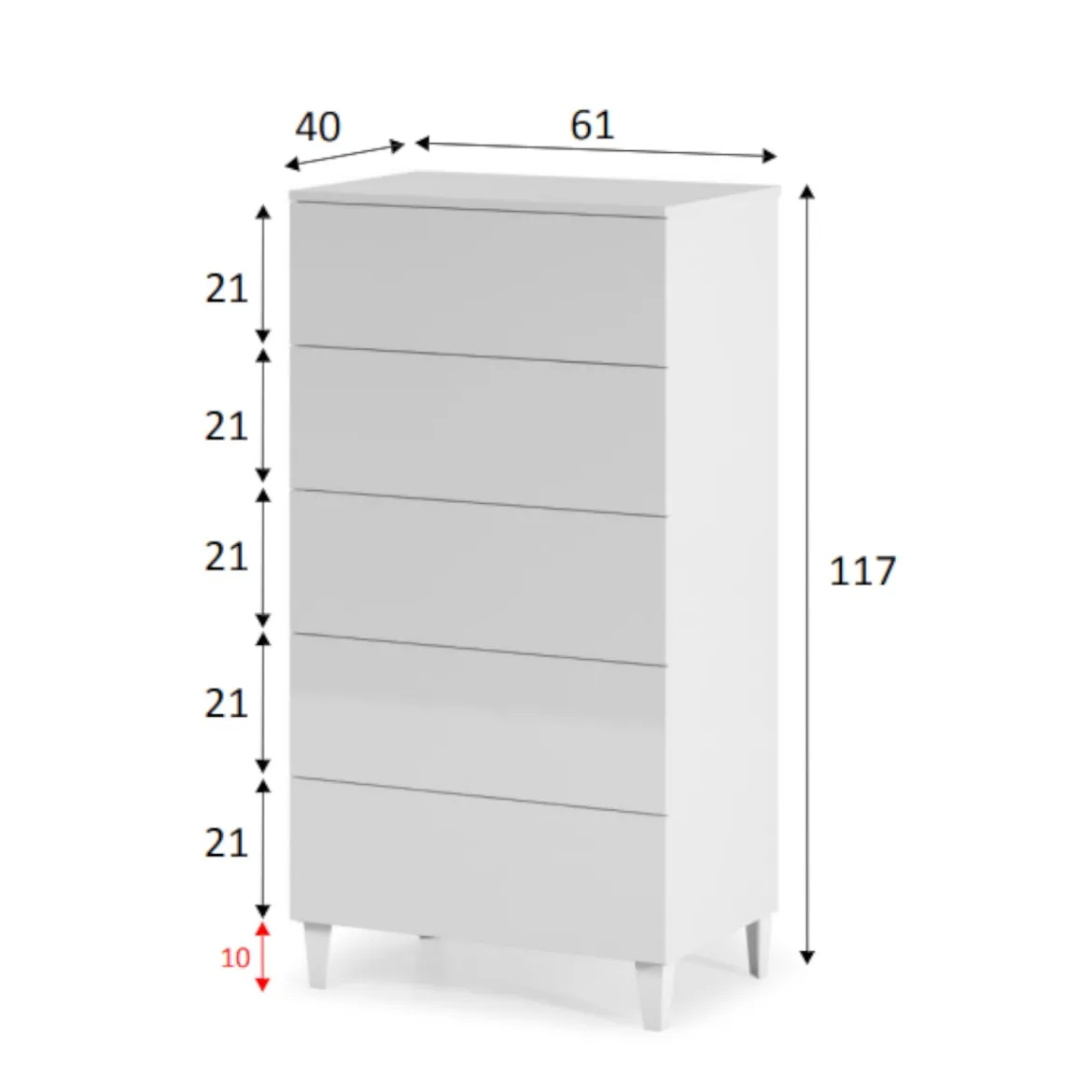Cassettiera 5 cassetti bianca 61x118h cm - Armo