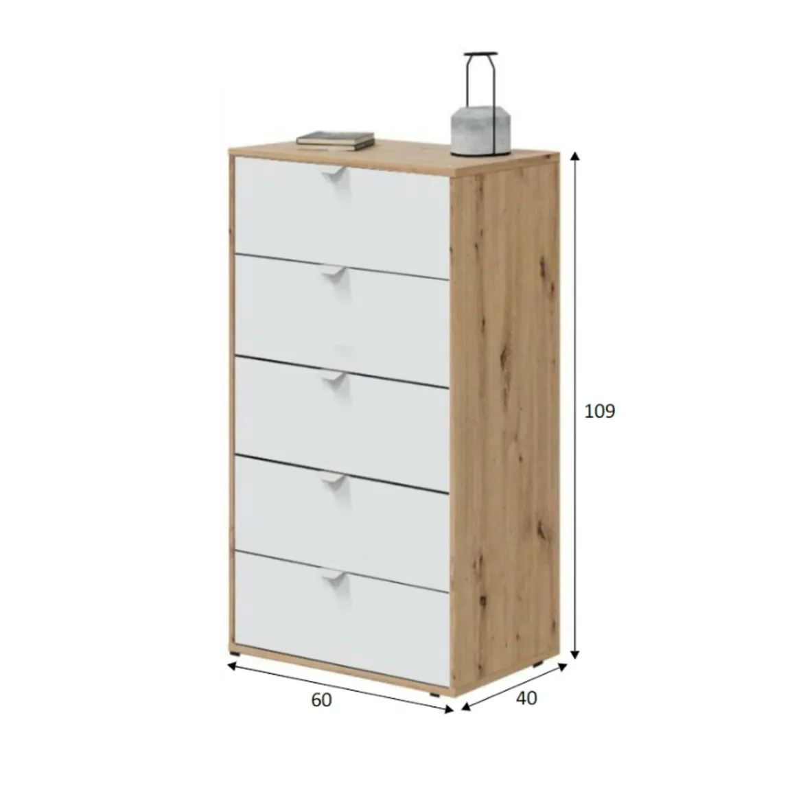 Cassettiera 5 cassetti legno bianca 60x109h cm - Praha