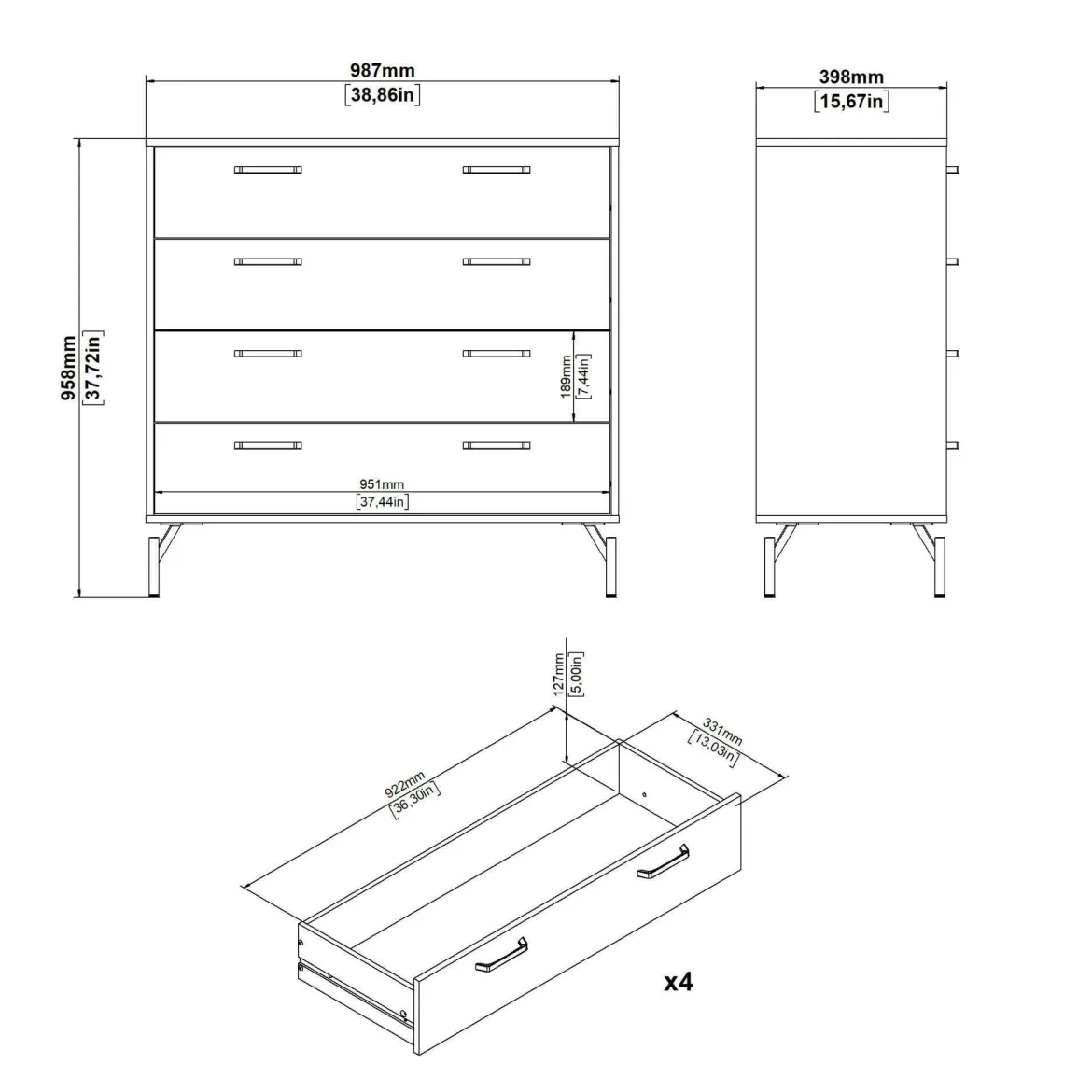 Cassettiera 4 cassetti nera 98x95h cm - Puglia