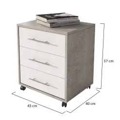Cassettiera Grigio Cemento Bianco 3 Cassetti Apertura Scorrevole 43x40x57h cm, Chiusura Scorrevole - Pisano