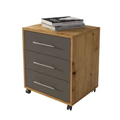 Cassettiera Marrone Rovere Nero Antracite 3 Cassetti Apertura Scorrevole 43x40x57h cm, Chiusura Scorrevole - Pisano