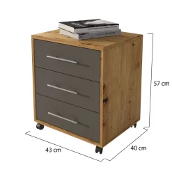 Cassettiera Marrone Rovere Nero Antracite 3 Cassetti Apertura Scorrevole 43x40x57h cm, Chiusura Scorrevole - Pisano