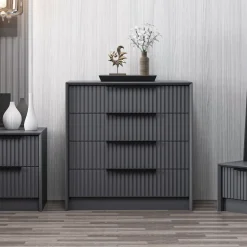 Cassettiera Nero Antracite 4 Cassetti Apertura Scorrevole 45x72x77h cm, Chiusura Scorrevole - Jebi