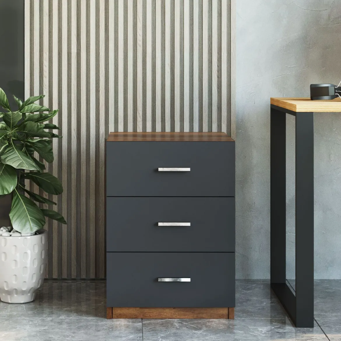 Cassettiera Nero Antracite Marrone Noce 3 Cassetti Apertura Scorrevole 45x47x62h cm, Chiusura Scorrevole - Trecate
