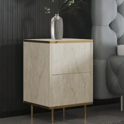 Comodino Beige Marmo oro un Ripiano Apertura Battente 40x35x60h cm, Un'anta - Vestone