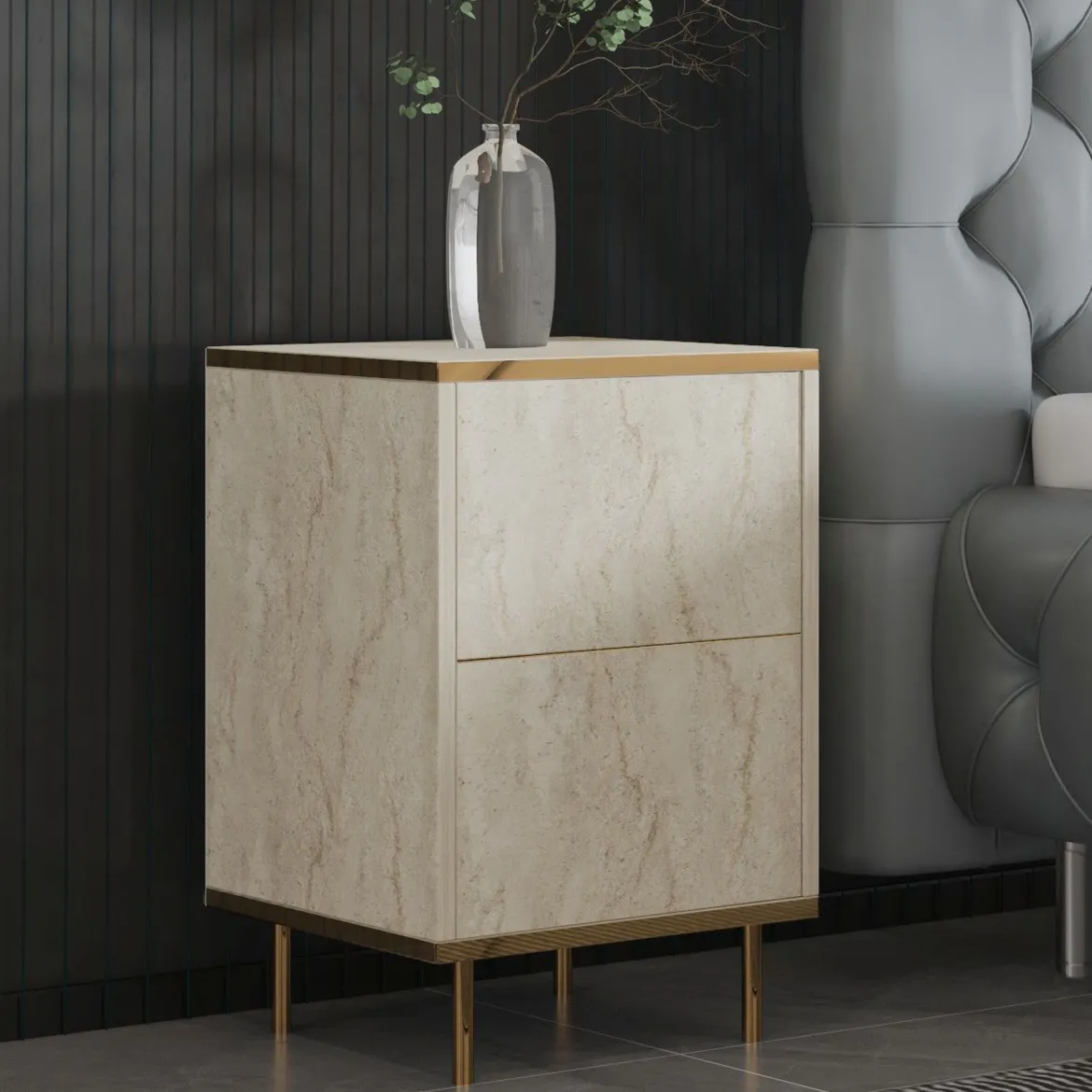 Comodino Beige Marmo oro un Ripiano Apertura Battente 40x35x60h cm, Un'anta - Vestone