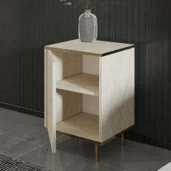 Comodino Beige Marmo oro un Ripiano Apertura Battente 40x35x60h cm, Un'anta - Vestone