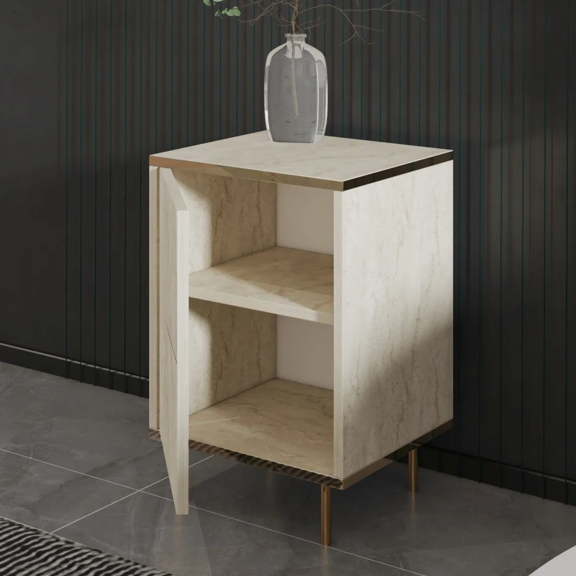 Comodino Beige Marmo oro un Ripiano Apertura Battente 40x35x60h cm, Un'anta - Vestone