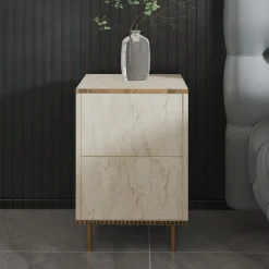 Comodino Beige Marmo oro un Ripiano Apertura Battente 40x35x60h cm, Un'anta - Vestone