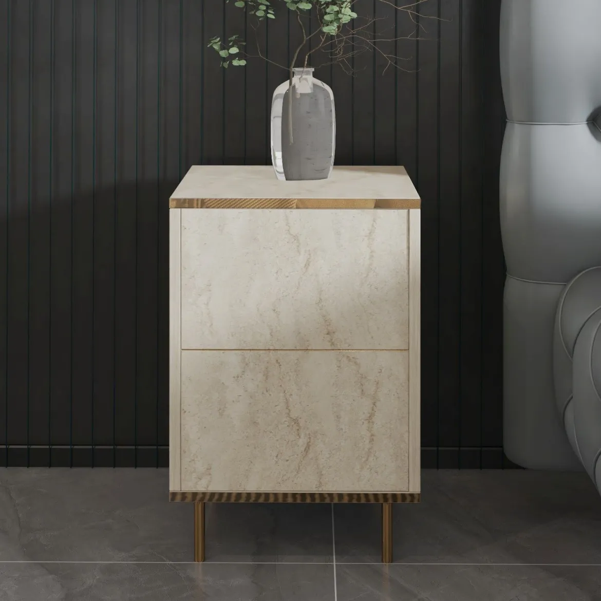 Comodino Beige Marmo oro un Ripiano Apertura Battente 40x35x60h cm, Un'anta - Vestone