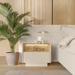 Comodino Beige Marrone Rovere un Cassetto 2 Ripiani 53x40x43h cm, Apertura Push-pull - Veirra