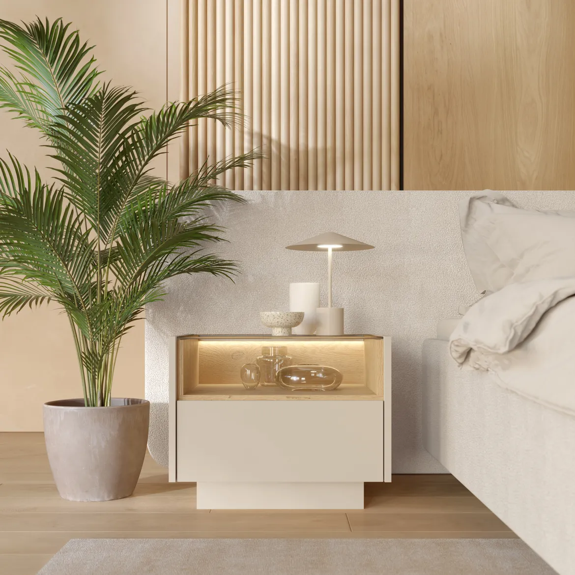 Comodino Beige Marrone Rovere un Cassetto 2 Ripiani 53x40x43h cm, Apertura Push-pull - Veirra