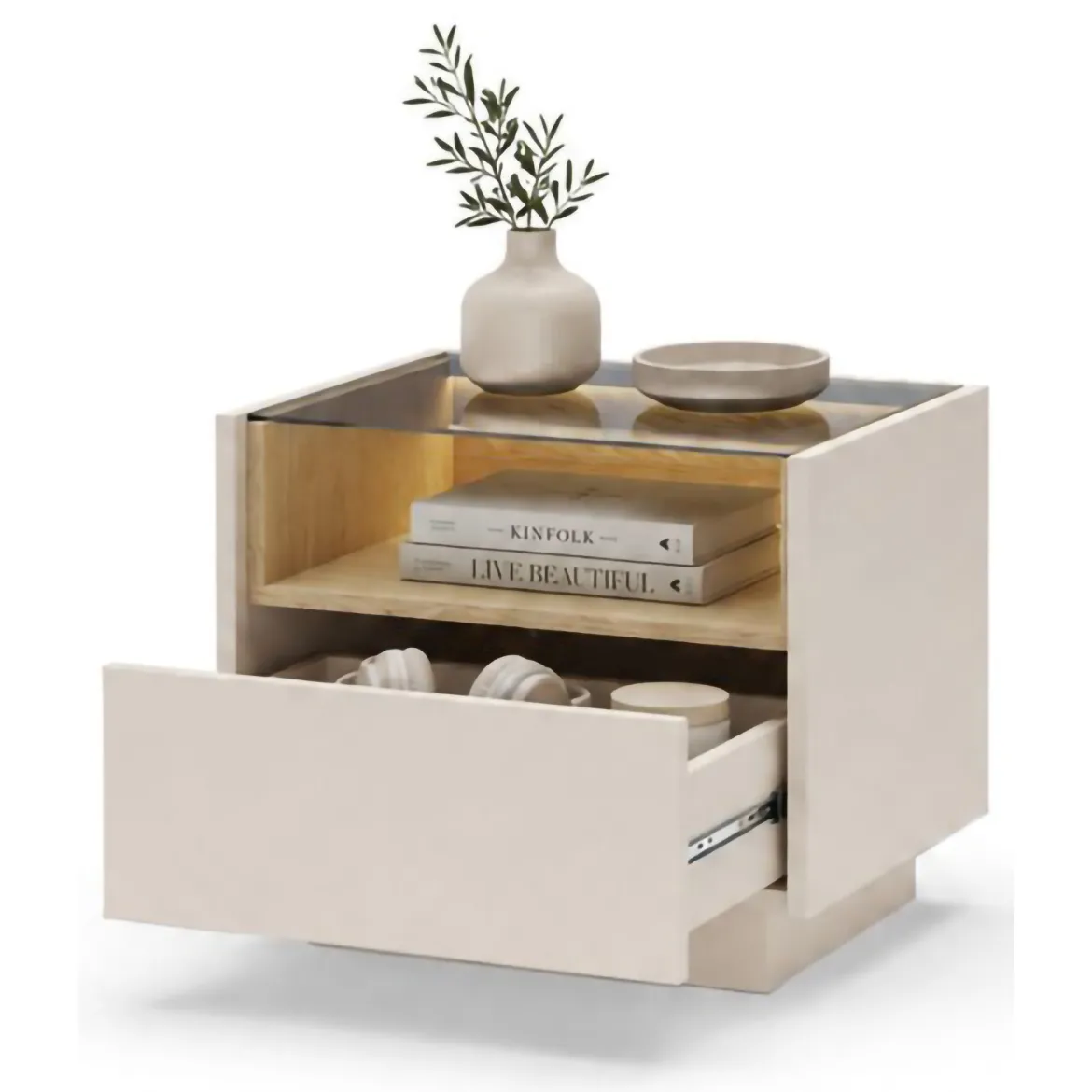 Comodino Beige Marrone Rovere un Cassetto 2 Ripiani 53x40x43h cm, Apertura Push-pull - Veirra