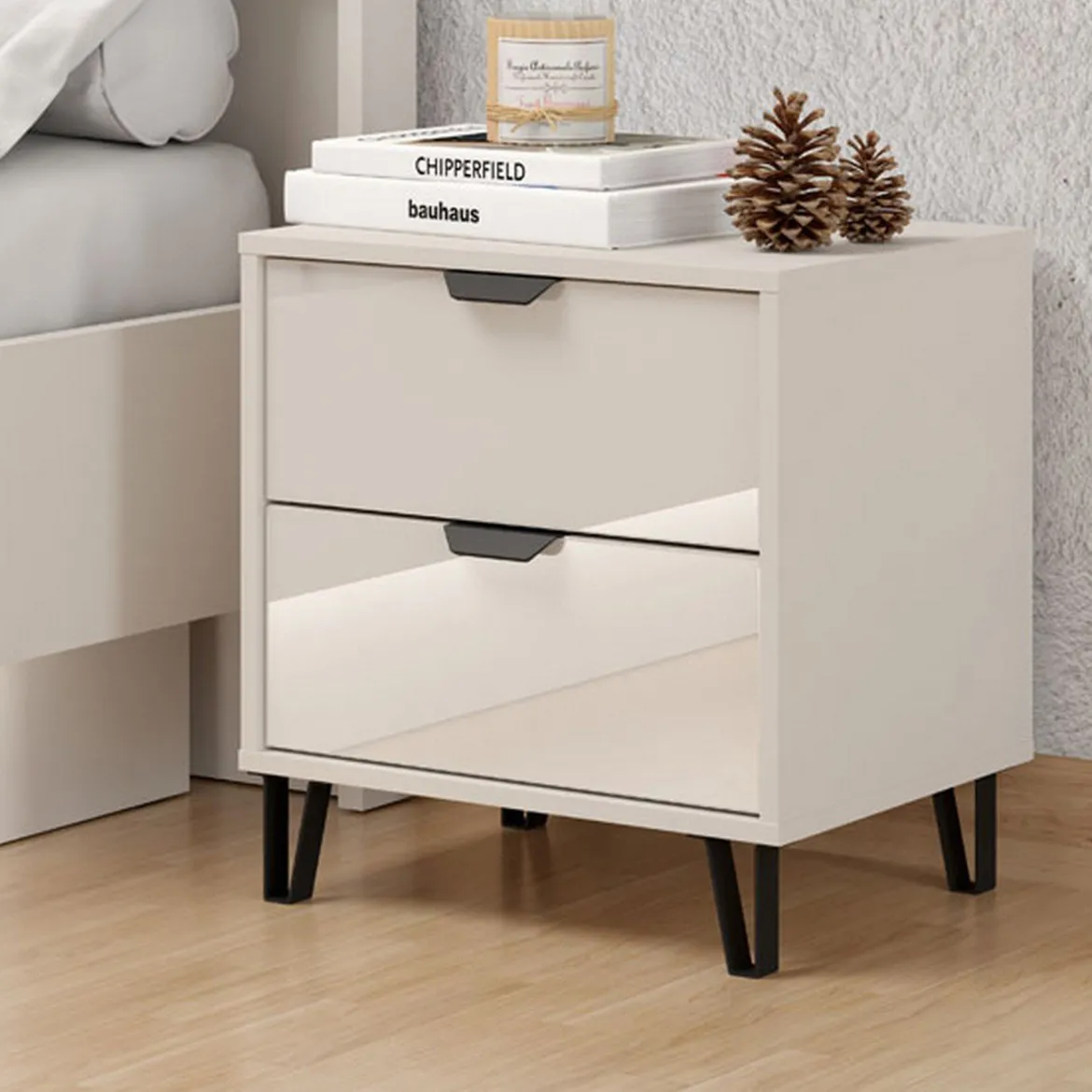 Comodino Beige Nero un Ripiano 2 Cassetti 48x40x52h cm, Apertura Scorrevole - Scarlino