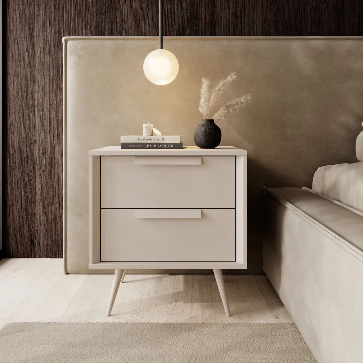 Comodino Bianco Cashmere 2 Cassetti un Ripiano 52x40x57h cm, Apertura Scorrevole - Garo