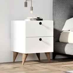 Comodino Bianco 2 Cassetti Apertura Scorrevole 40x42x55h cm, Chiusura Scorreveol - Cerveno
