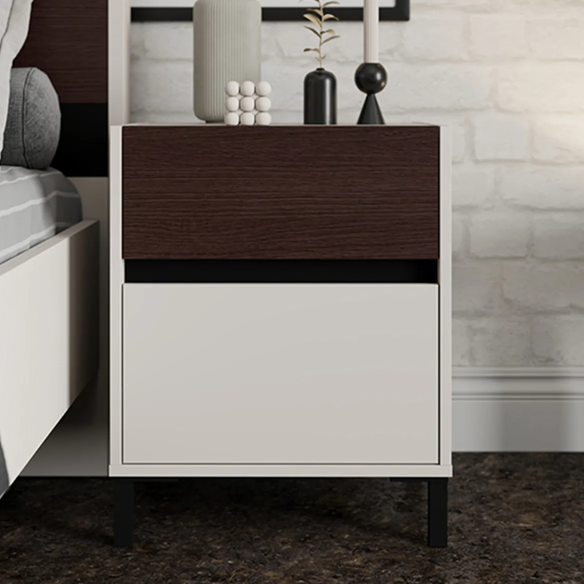 Comodino Bianco Crema Marrone Noce 2 Cassetti un Ripiano 48x40x60h cm, Apertura Scorrevole - Gili